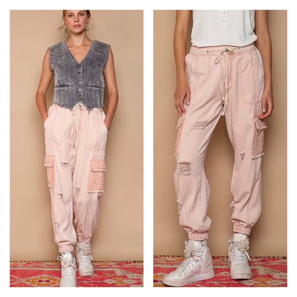 POL | Pink Distressed Cargo Denim Joggers Large Crochet Pockets Bohemian Grunge